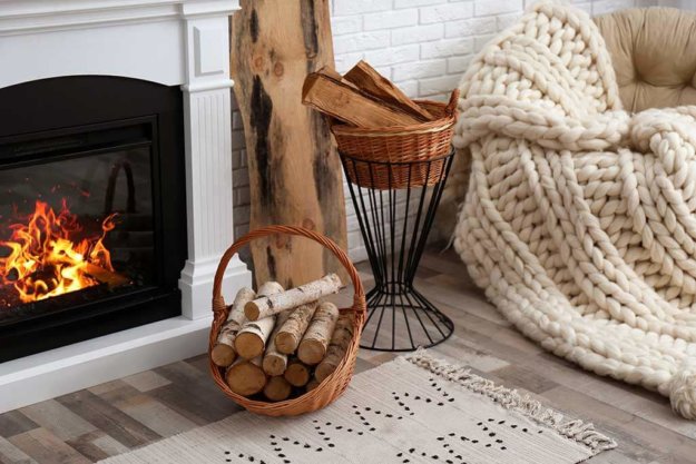 wicker baskets with firewood and burning fireplace in cozy living room