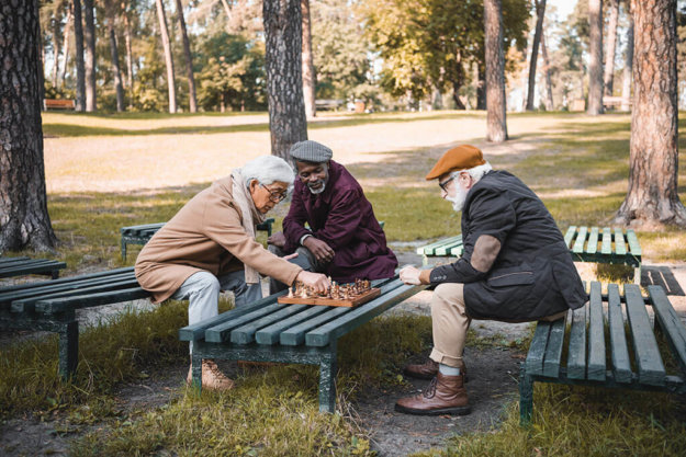 multicultural senior men playing chess in park multicultural senior men playing chess in park