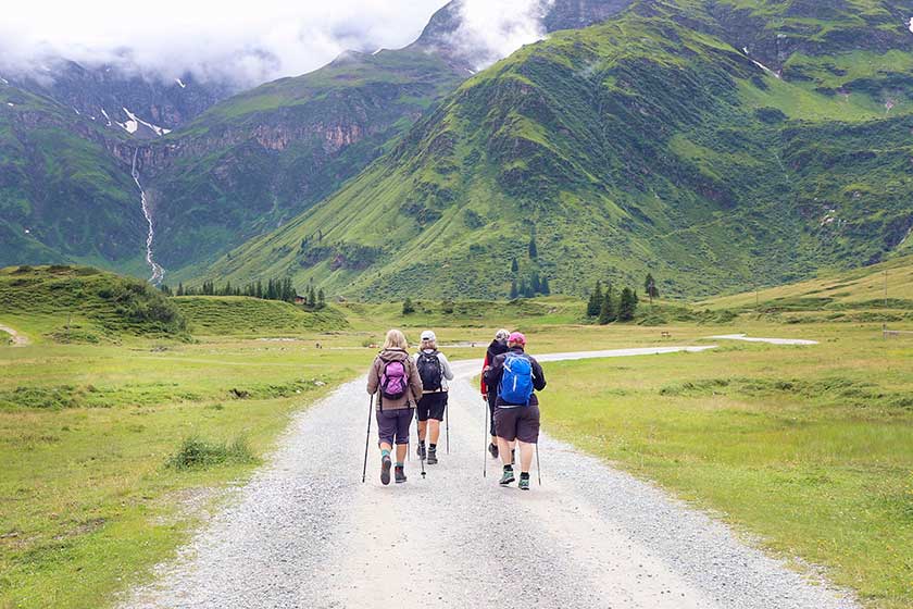 group of eldery people go nordic walking in the mountains