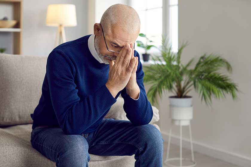 please lord nervous worried aged caucasian man praying on couch at home