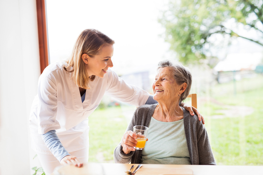 health visitor and a senior woman during home visit