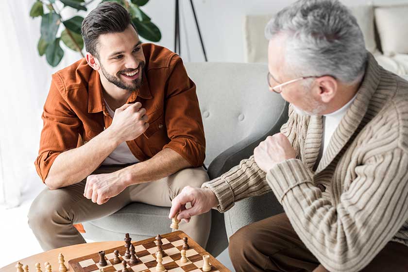 retired father glasses looking happy