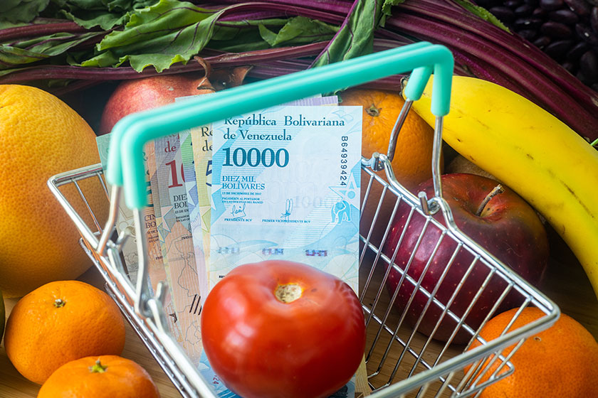 venezuelan money shopping cart vegetables fruits concept growing food prices venezuelan money shopping cart vegetables fruits concept growing food prices