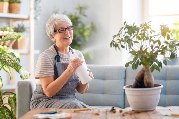 woman caring plants home spring