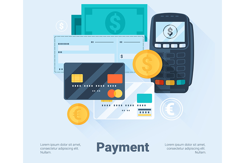 card money coins and cheque payment methods concept flat style with long shadows clean desig card money coins and cheque payment methods concept flat style with long shadows clean desig