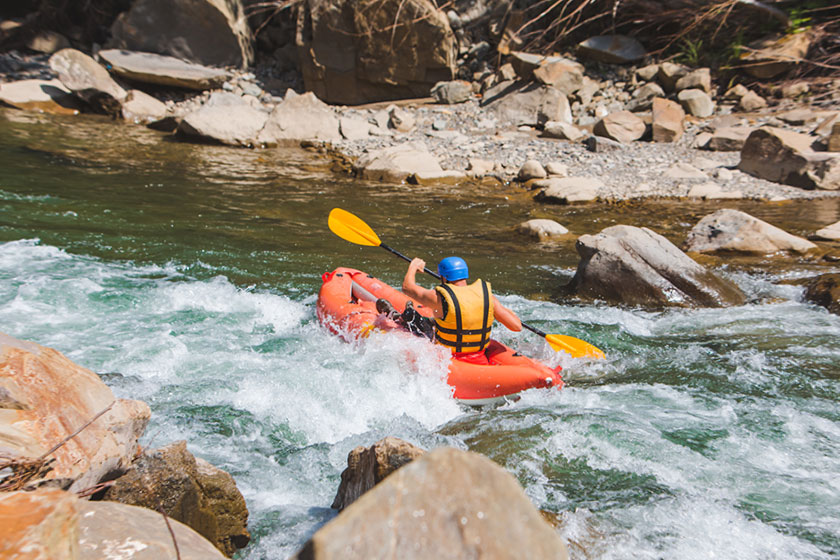 inflatable raft extreme sport mountain river summertime copy space