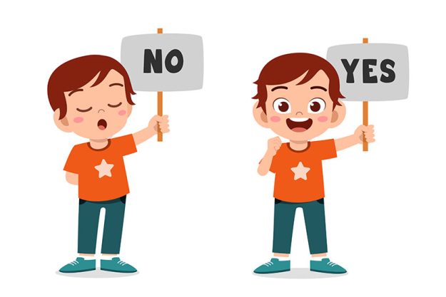 happy cute kid boy carry yes no board