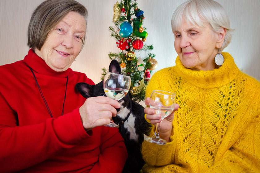 two old grandmothers new year midnight clinking glasses both granny