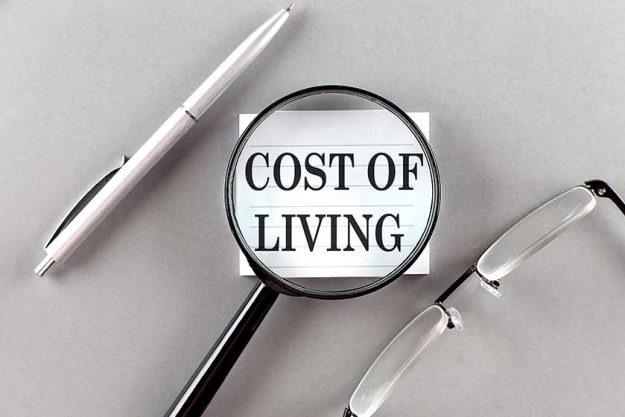 word cost living sticky magnifier grey background