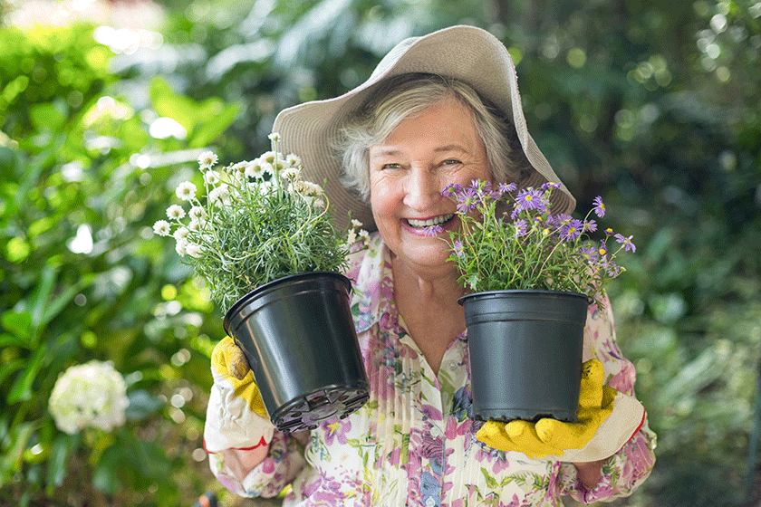 cheerful senior woman holding potted plants