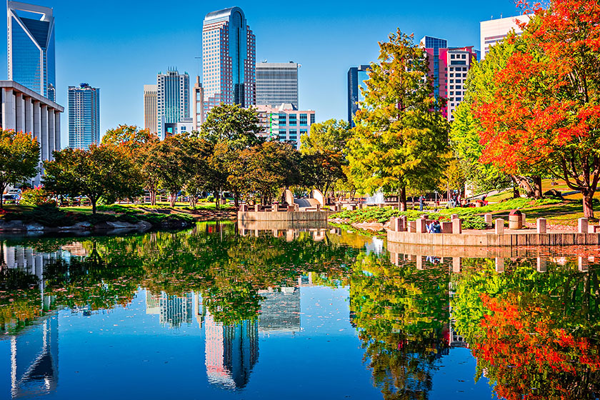 Charlotte city skyline from marshall park autumn season with blu