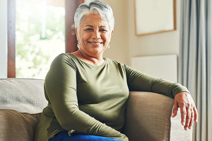 How spending day portrait senior woman relaxing sofa home