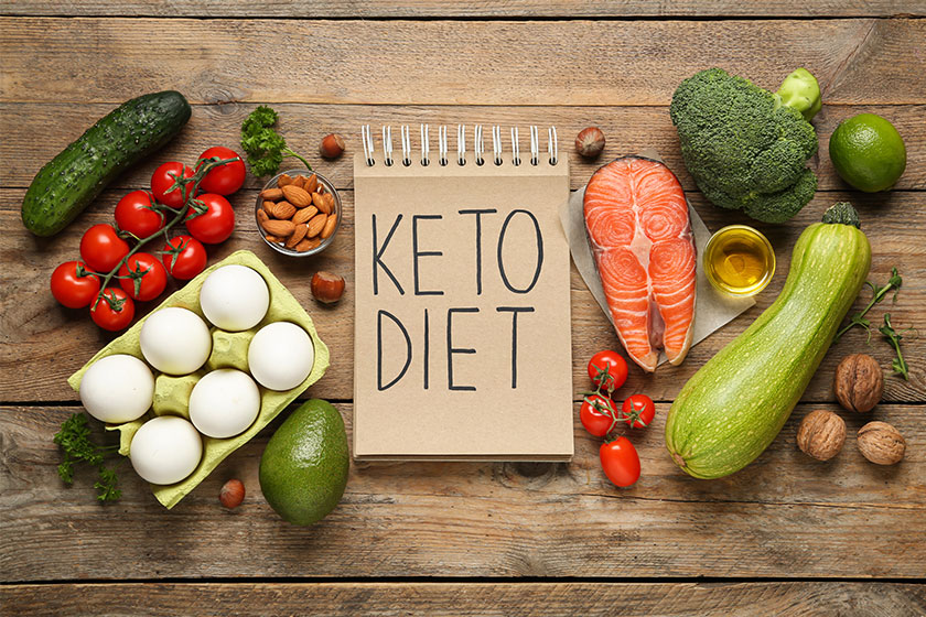 Notebook phrase keto diet different products wooden table flat lay