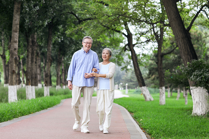 happy old couple walking in the park