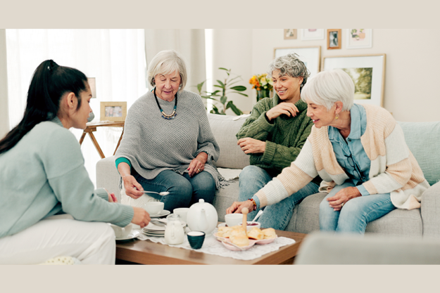 senior women tea cake friends retirement home