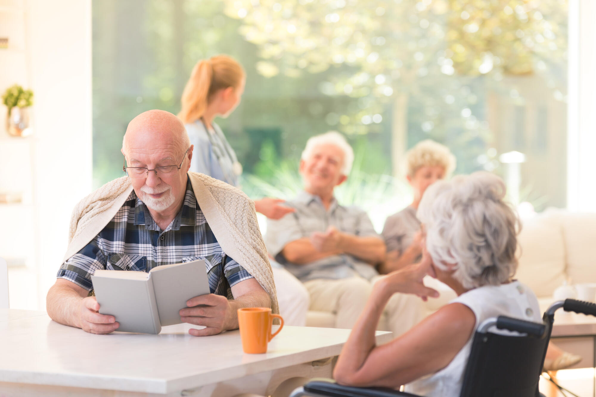 Senior,Man,Reading,A,Book,And,Disabled,Woman,Sitting,I