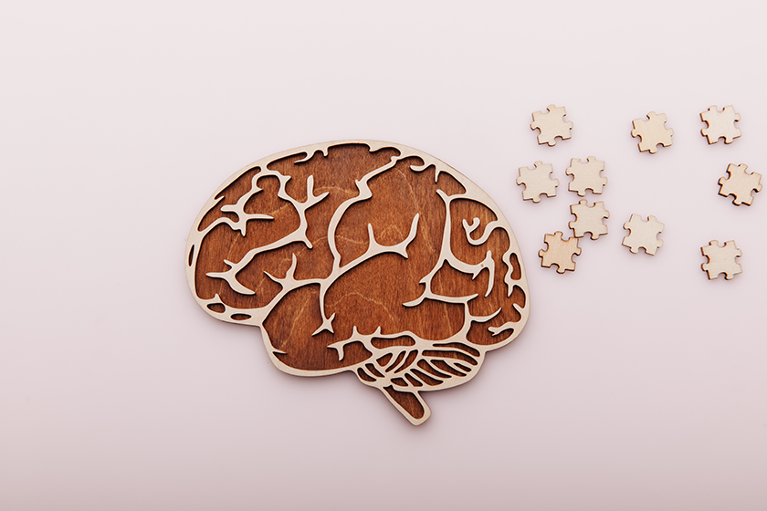 alzheimers disease and mental health concept brain and wooden puzzle