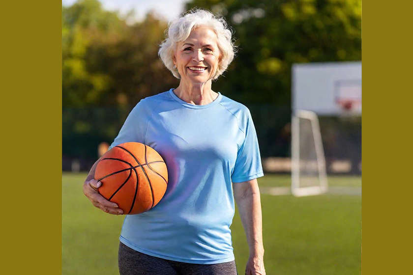 portrait grey haired woman smiling while holding basketball portrait grey haired woman smiling while holding basketball