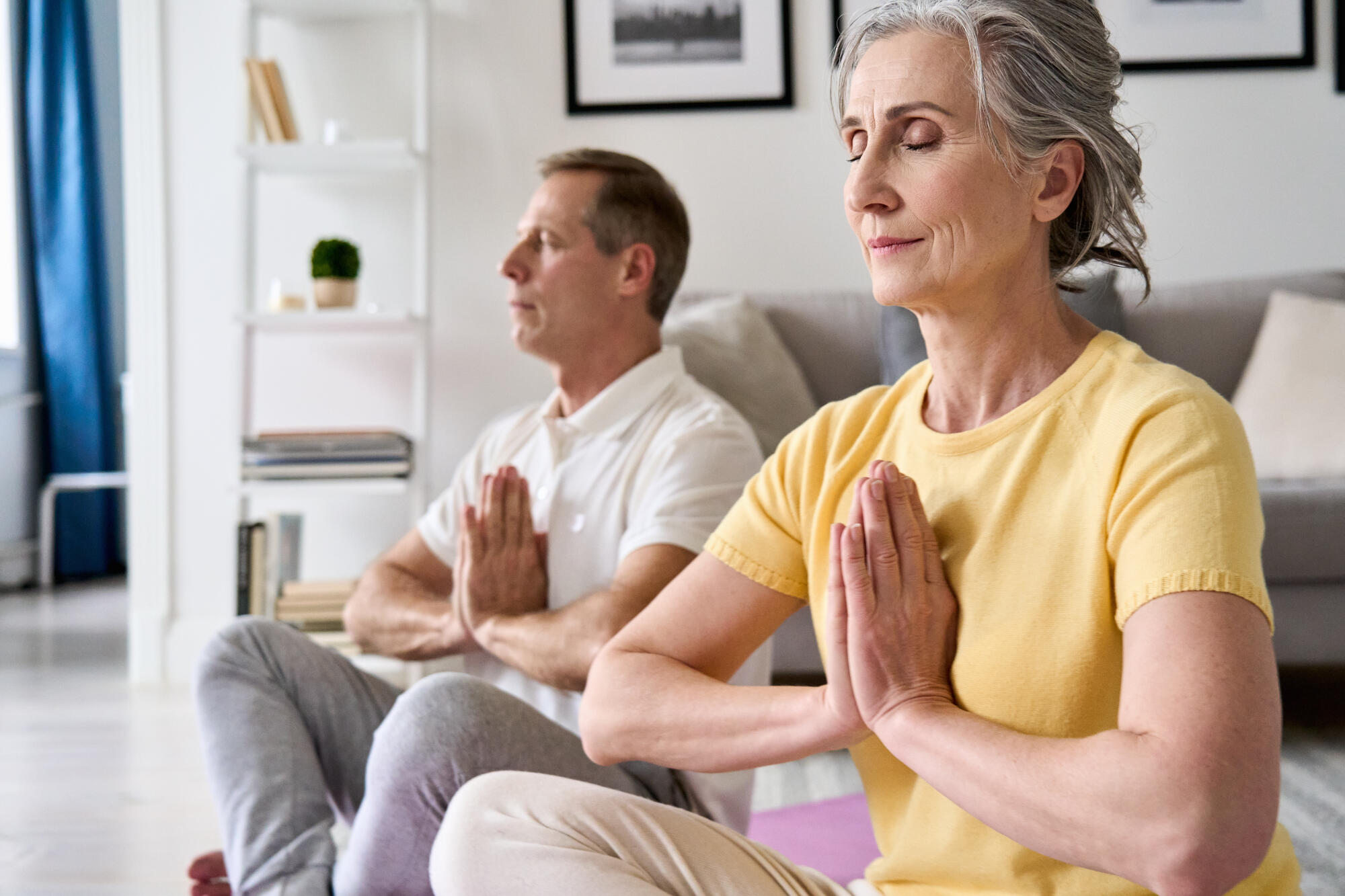 Calm,Healthy,Serene,Old,Middle,Aged,Senior,50s,Couple,Meditating