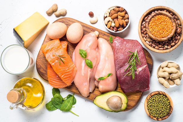 Protein sources meat fish cheese nuts beans and greens