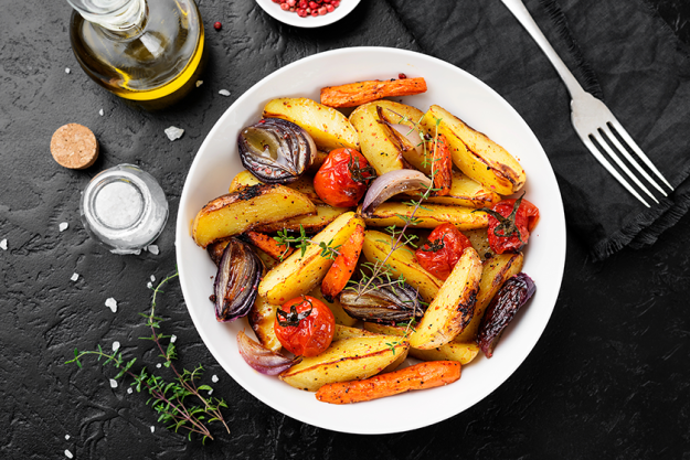 roasted vegetables white plate