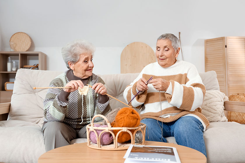 Senior female friends knitting sofa home Senior female friends knitting sofa home