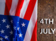 the words 4th july and crumpled usa flag on flat textured wooden surface background