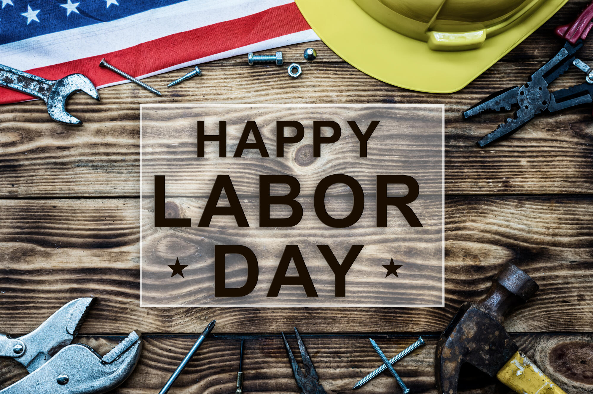 Happy,Labor,Day.,Construction,Tools.,Text,On,Wood,Background.