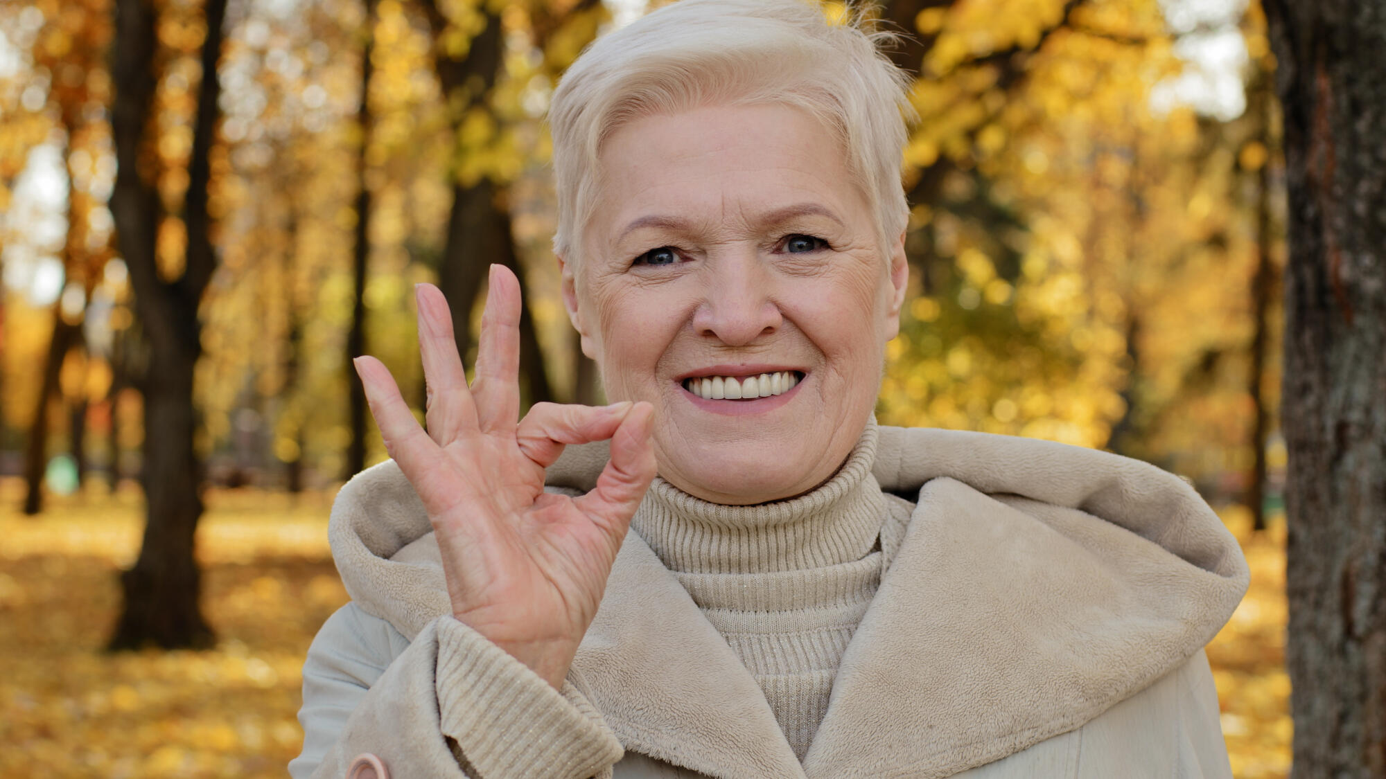 Happy elderly woman joyfully smiling standing in autumn park mature grandmother looking at camera showing gesture okay symbol of satisfaction everything fine positive cheerful senior retired outdoors Happy elderly woman joyfully smiling standing in autumn park mature grandmother looking at camera showing gesture okay symbol of satisfaction everything fine positive cheerful senior retired outdoors