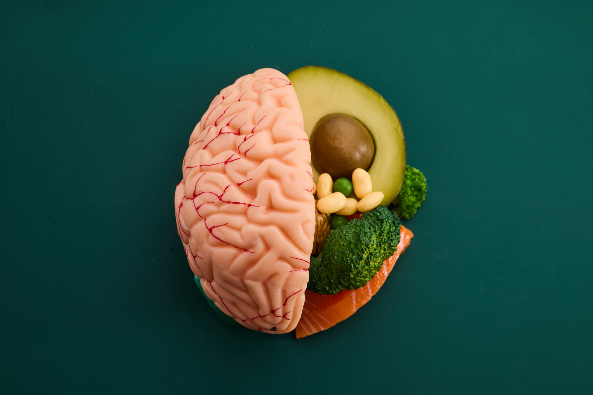 Brain with various food products. Healthy food