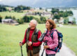 Senior,Pensioner,Couple,With,Nordic,Walking,Poles,Hiking,In,Nature.